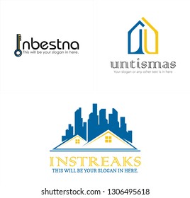 blue yellow black gray key home roof building logo design concept vector suitable for construction real estate architecture business industrial 