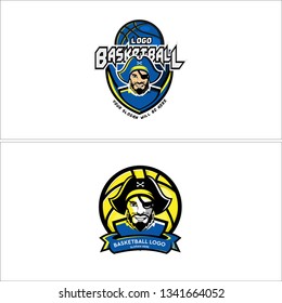 Blue yellow black line art ball pirate smile emblem combination logo design concept suitable for basketball club team sport team
