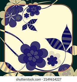 Blue yellow black vector pattern for design of headscarf, hijab, tablecloth. Floral background with flowers and leaves, lines.