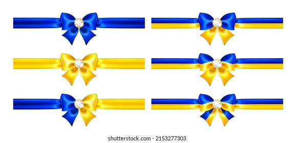 Blue yellow bow with gem and ribbon in the colors of the Ukrainian flag for decorative design. Vector illustration of realistic bow is great for social media, card design with national symbol