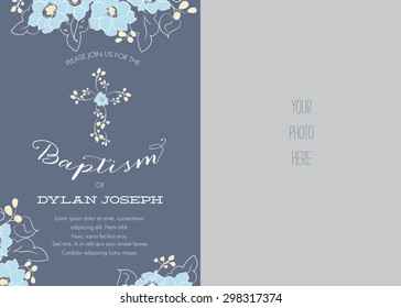 Blue and Yellow Boy's  Baptism/Christening/First Communion/Confirmation Photo Invitation with Abstract Floral Design - Vector