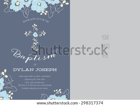 Blue and Yellow Boy's  Baptism/Christening/First Communion/Confirmation Photo Invitation with Abstract Floral Design - Vector