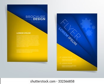 Blue and yellow brochure template flyer design vector overlap paper layer with sample text for A4 size