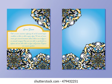 Blue and yellow brochures or invitations. Nice hand-drawn illustration