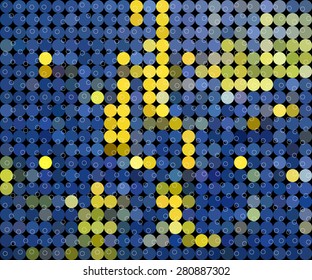 Blue and yellow bubble with line art dot background