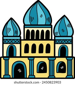 A blue and yellow building with a blue dome. The blue and yellow colors give the building a sense of warmth and spirituality