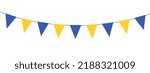 blue and yellow bunting garland, string of triangular flags for outdoor party, pennants, window or wall decoration, retro style vector illustration