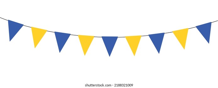 Día de la Independencia de Ucrania, concha de colores de bandera, cadena de banderas triangulares para fiesta al aire libre, banderas azules y amarillas, pendiente, decoración, ilustración vectorial de estilo retro