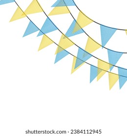 Blue and yellow bunting garlands with flags made of shredded pieces of fabric. Decorative multicolored party pennants for festival, party celebration. Holiday background with hanging flags. Vector 