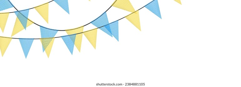 Blue and yellow bunting garlands with flags made of shredded pieces of fabric. Decorative multicolored party pennants for festival, party celebration. Holiday background with hanging flags. Vector 