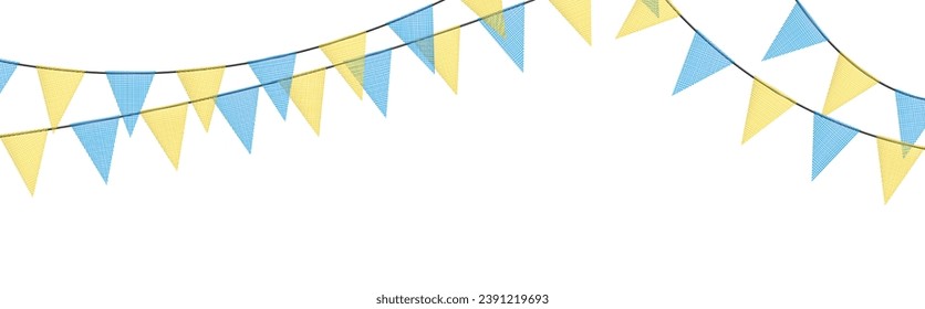 Mariscos azules y amarillos con banderas hechas de trozos de tela triturados. Decorativos cantantes multicolores para fiestas y fiestas. Fondo de vacaciones con banderas colgantes. Vector 