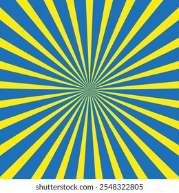 Blue yellow burst. Radiant sunbeam pattern. Striped retro background. Vector illustration.