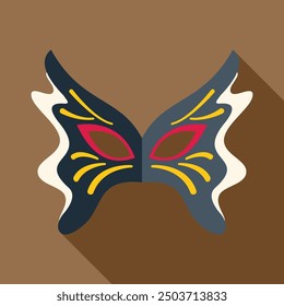 Blue and yellow carnival mask with red eyes is isolated on brown background