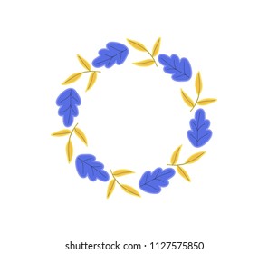 Blue and yellow cartoon wreath, trendy leaves. Hand drawn floral frame for wedding, invitation and holiday. Decorative elements for design, isolated on white background. Vector illustration.
