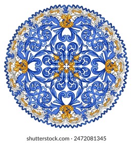 Patrón de cerámica azul y amarillo. Adorno tribal tradicional. Capri Maiolica. Azul y blanco Delft