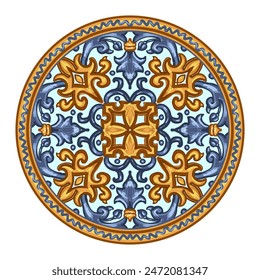 Blue and yellow ceramic pattern. Traditional tribal ornament. Capri Maiolica. Delft Blue and White