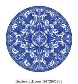 Blue and yellow ceramic pattern. Traditional tribal ornament. Azulejo. Capri Maiolica. Delft Blue and White