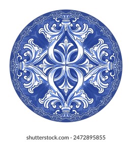 Blue and yellow ceramic pattern. Traditional tribal ornament. Azulejo. Capri Maiolica. Delft Blue and White