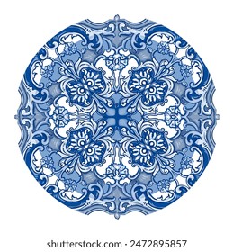 Blue and yellow ceramic pattern. Traditional tribal ornament. Azulejo. Capri Maiolica. Delft Blue and White