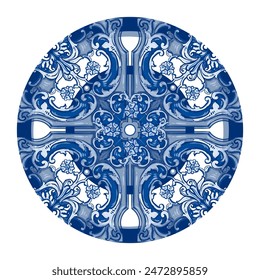 Blue and yellow ceramic pattern. Traditional tribal ornament. Azulejo. Capri Maiolica. Delft Blue and White