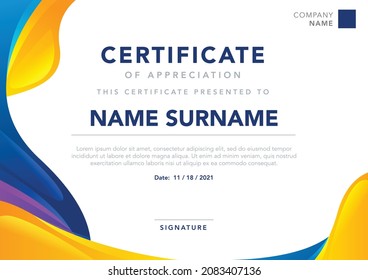 Modelo de certificado de apreciación azul y amarillo