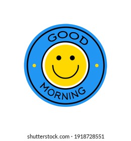 emoticono de la sonrisa de círculo azul y amarillo con inscripción "buenos días".