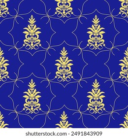 Blue and yellow Classic Damask Seamless Pattern - Vector Illustration for Elegant Textile Design
