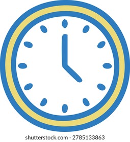 Blue and yellow clock face with blue hour markers time