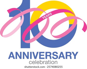 blue and yellow color number 10 and pink confetti with word year white color and word anniversary black color at the bottom.