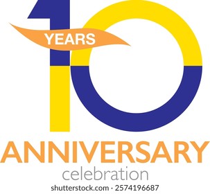 blue and yellow color number 10 with word year white color and word anniversary orange color at the bottom.