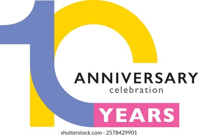 blue and yellow color number 10 and pink square with word years white color and word anniversary celebration black color.