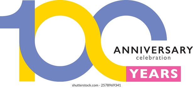 blue and yellow color number 100 and pink square with word years white color and word anniversary celebration black color.