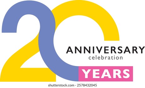 blue and yellow color number 20 and pink square with word years white color and word anniversary celebration black color.