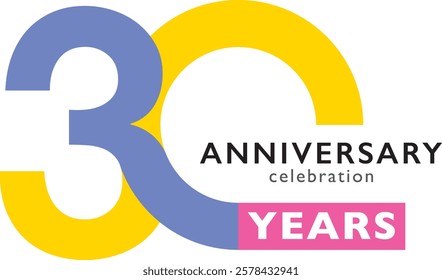 blue and yellow color number 30 and pink square with word years white color and word anniversary celebration black color.