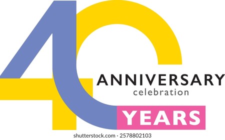 blue and yellow color number 40 and pink square with word years white color and word anniversary celebration black color.