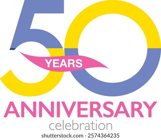 blue and yellow color number 50 with word year white color and word anniversary pink color at the bottom.