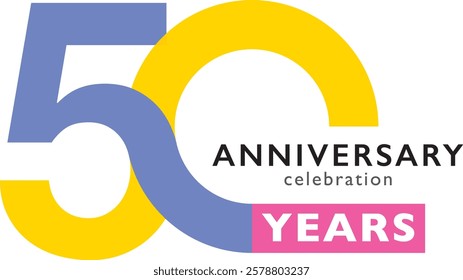 blue and yellow color number 50 and pink square with word years white color and word anniversary celebration black color.