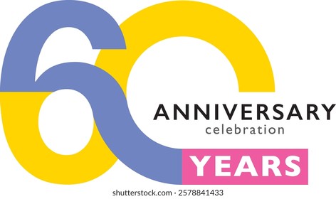 blue and yellow color number 60 and pink square with word years white color and word anniversary celebration black color.