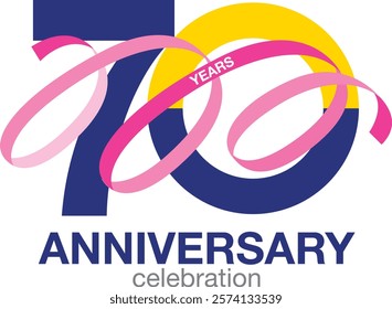 blue and yellow color number 70 and pink confetti with word year white color and word anniversary blue color at the bottom.