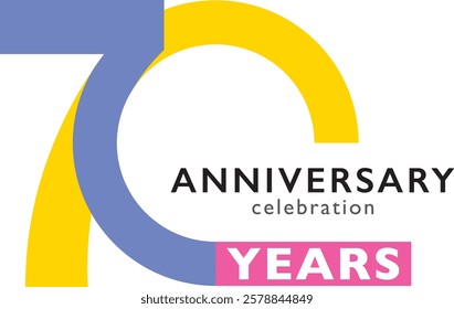 blue and yellow color number 70 and pink square with word years white color and word anniversary celebration black color.