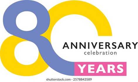 blue and yellow color number 80 and pink square with word years white color and word anniversary celebration black color.