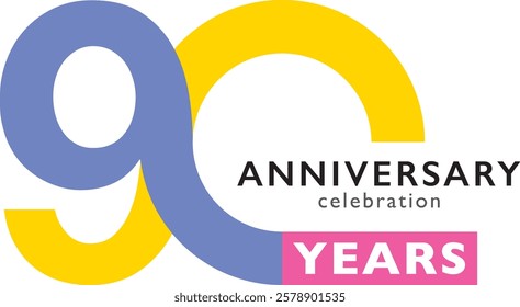 blue and yellow color number 90 and pink square with word years white color and word anniversary celebration black color.