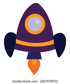 A blue and yellow color rocket with big window and flame ready to fly, vector, color drawing or illustration. 