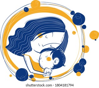 With blue and yellow color schemes, the mother tenderly embraces the child.