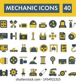 Blue And Yellow Color Set of Mechanic Icon In Flat Style.