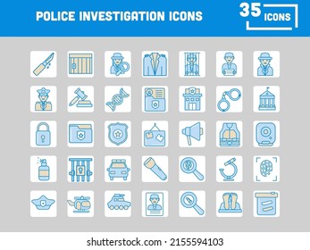 Blue And Yellow Color Set Of Police Investigation Icons In Flat Style.