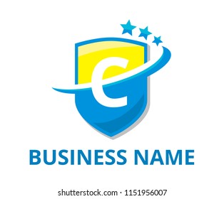 blue and yellow color shield get slice into half logo graphic design with modern clean style for protection or security company with initial type letter c on it