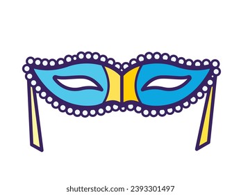 Icono vectorial de mascarada de color azul y amarillo de mascarada de mascarada de ojos delineado aislado en fondo horizontal blanco. Sencillo dibujo de caricatura minimalista con temática carnaval.