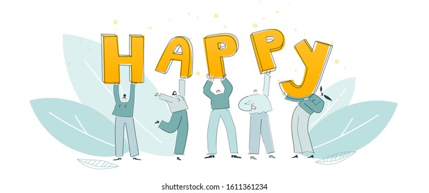 Blue and yellow colored vector illustration EPS 10 isolated on white. Flat people carry big letters. Happy men and women hold light text. Working people with phrase happy. People celebrate success