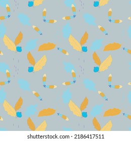 Blue and yellow colors, autumn pattern with leaves, plants. Seamless for print.